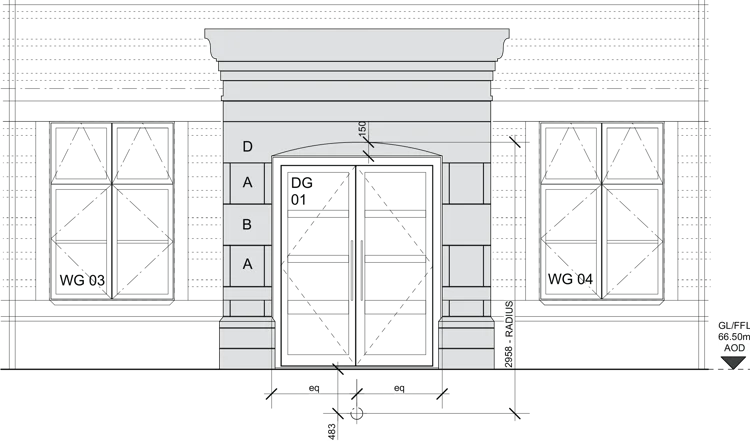 Detailed Architectural drawing of front elevation of a stone porch